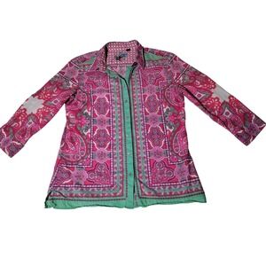 Robert Graham Women Paisley Print Roll Tab Shirt Pink Green Embroidered Sz M